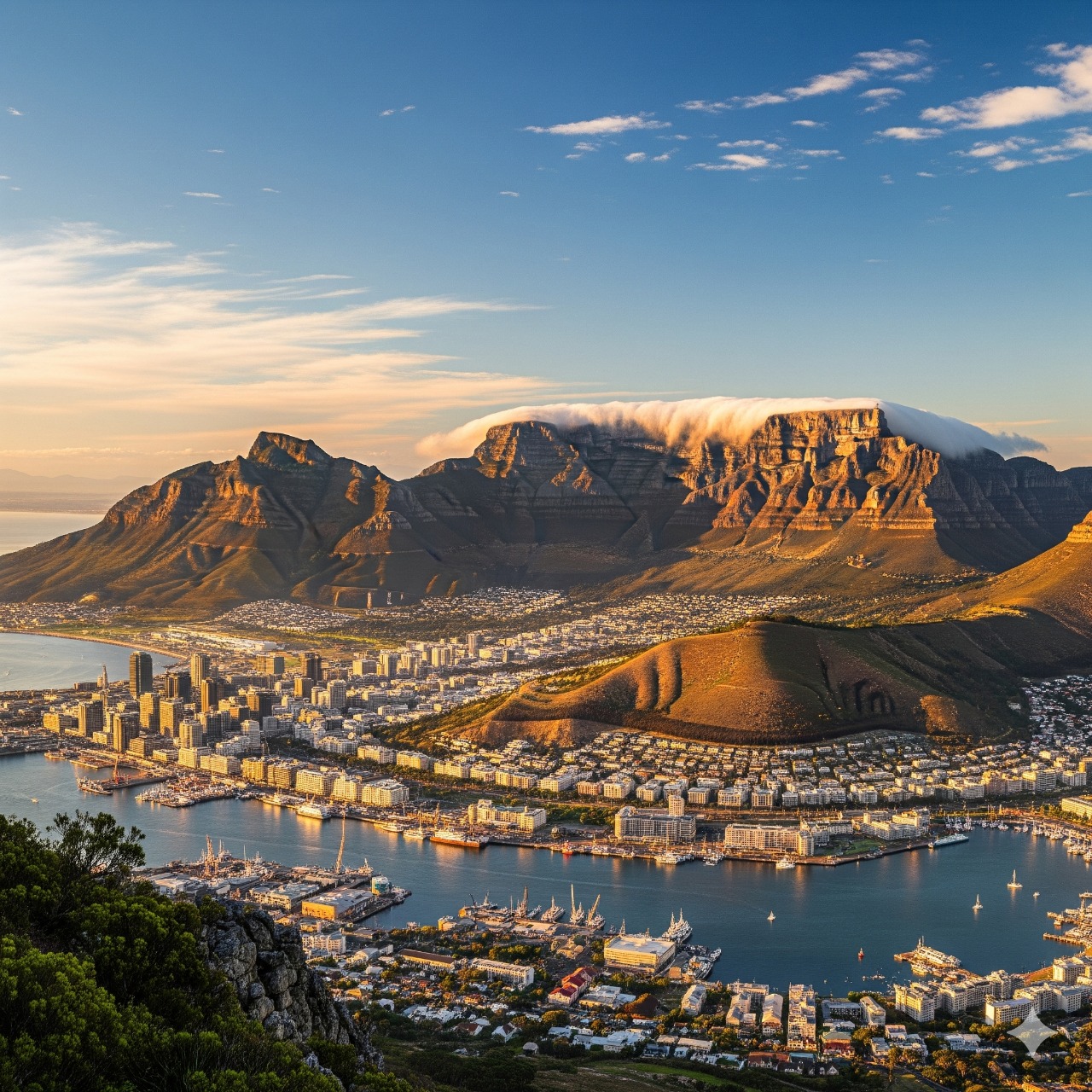 A scenic view of Table Mountain and the city of Cape Town.